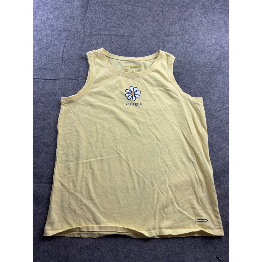Life is Good Womens Crusher Tank Top Yellow Daisy Graphic Sleeveless Shirt L